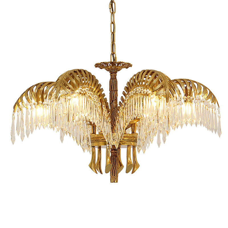Brass Palm Leaf Crystal Chandelier