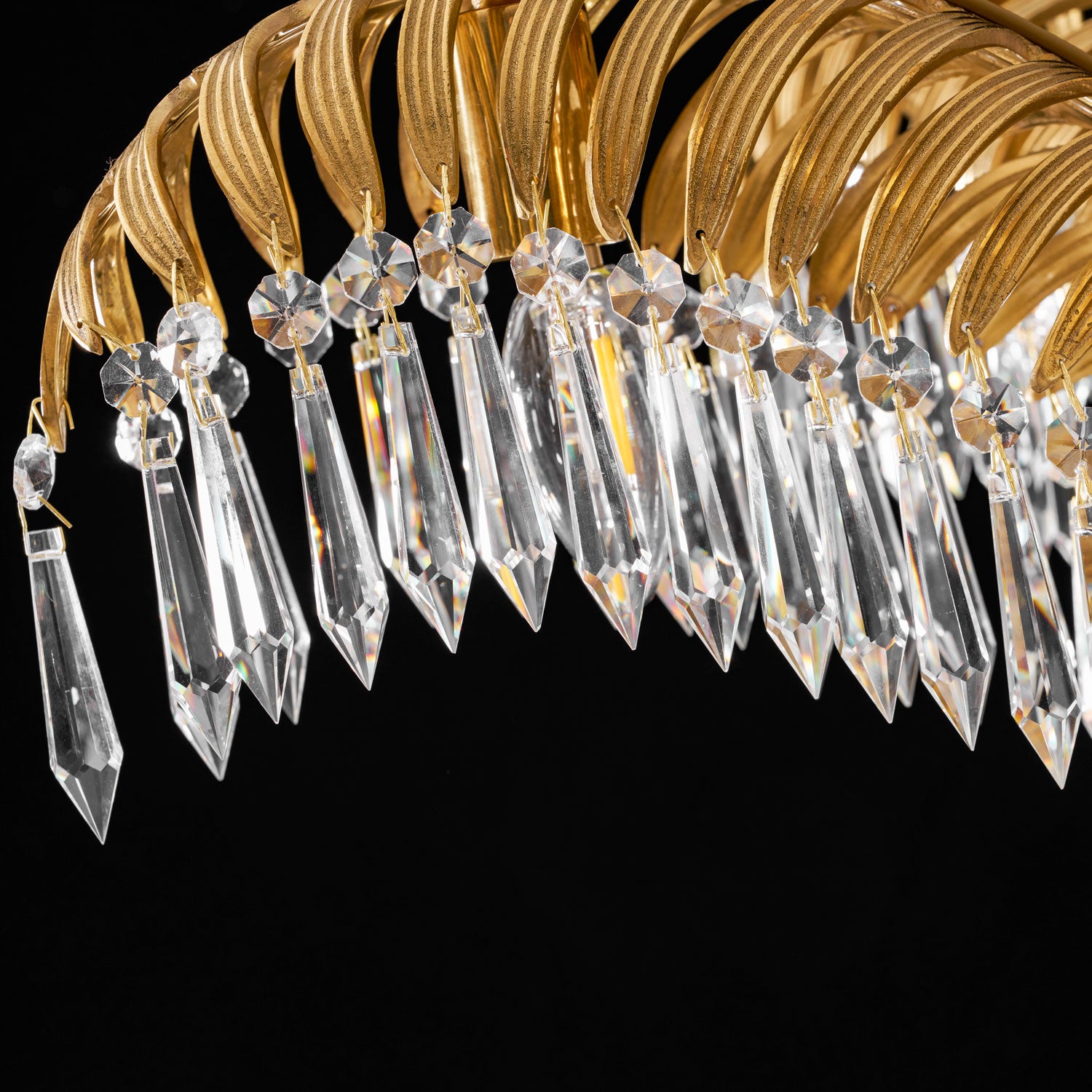 Brass Palm Leaf Crystal Chandelier