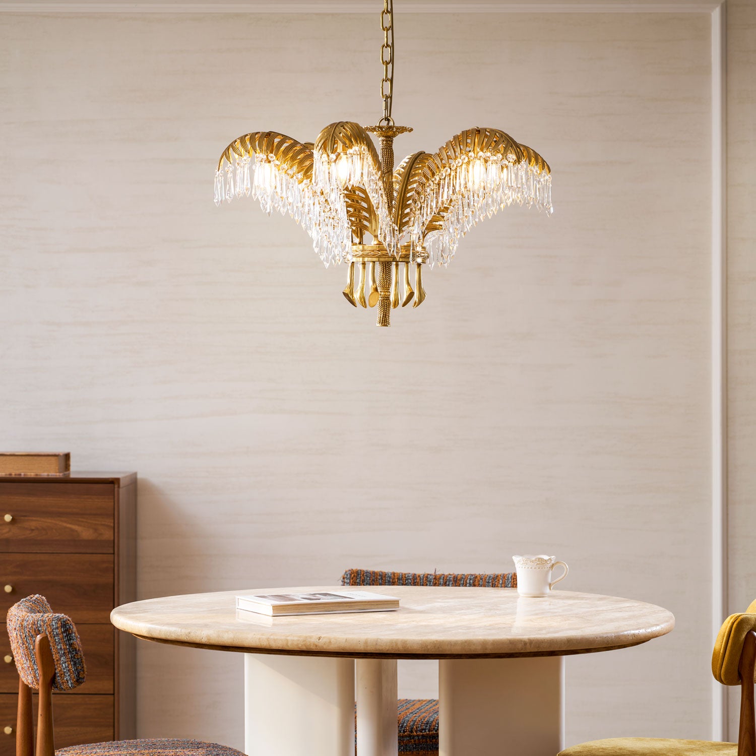 Brass Palm Leaf Crystal Chandelier