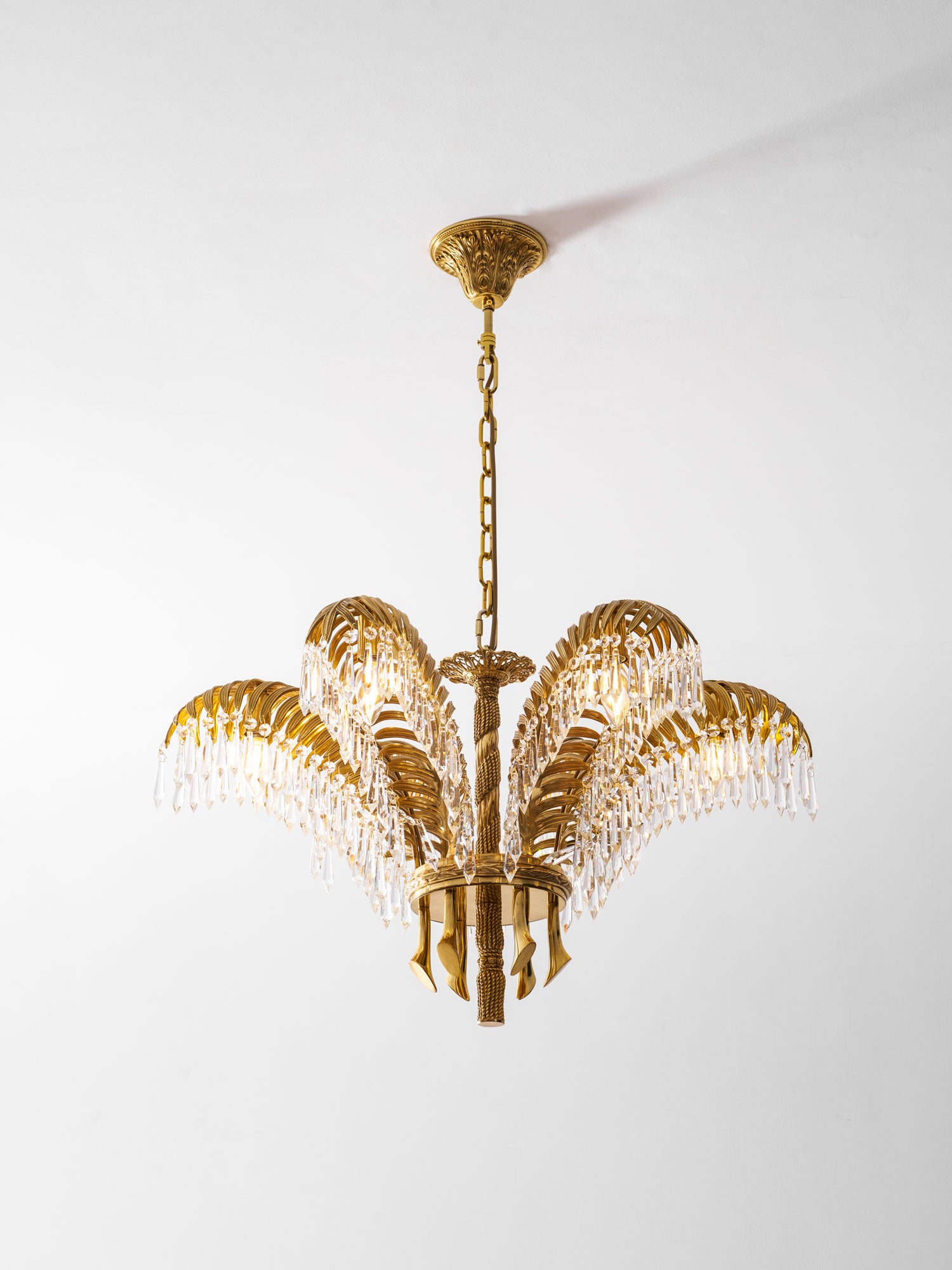 Brass Palm Leaf Crystal Chandelier