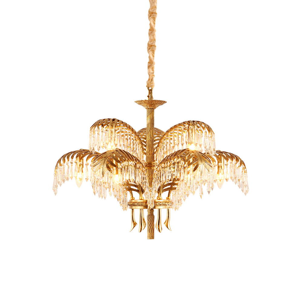 Brass Palm Leaf Crystal Chandelier