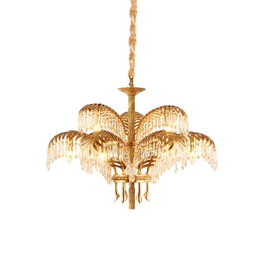 Brass Palm Leaf Crystal Chandelier