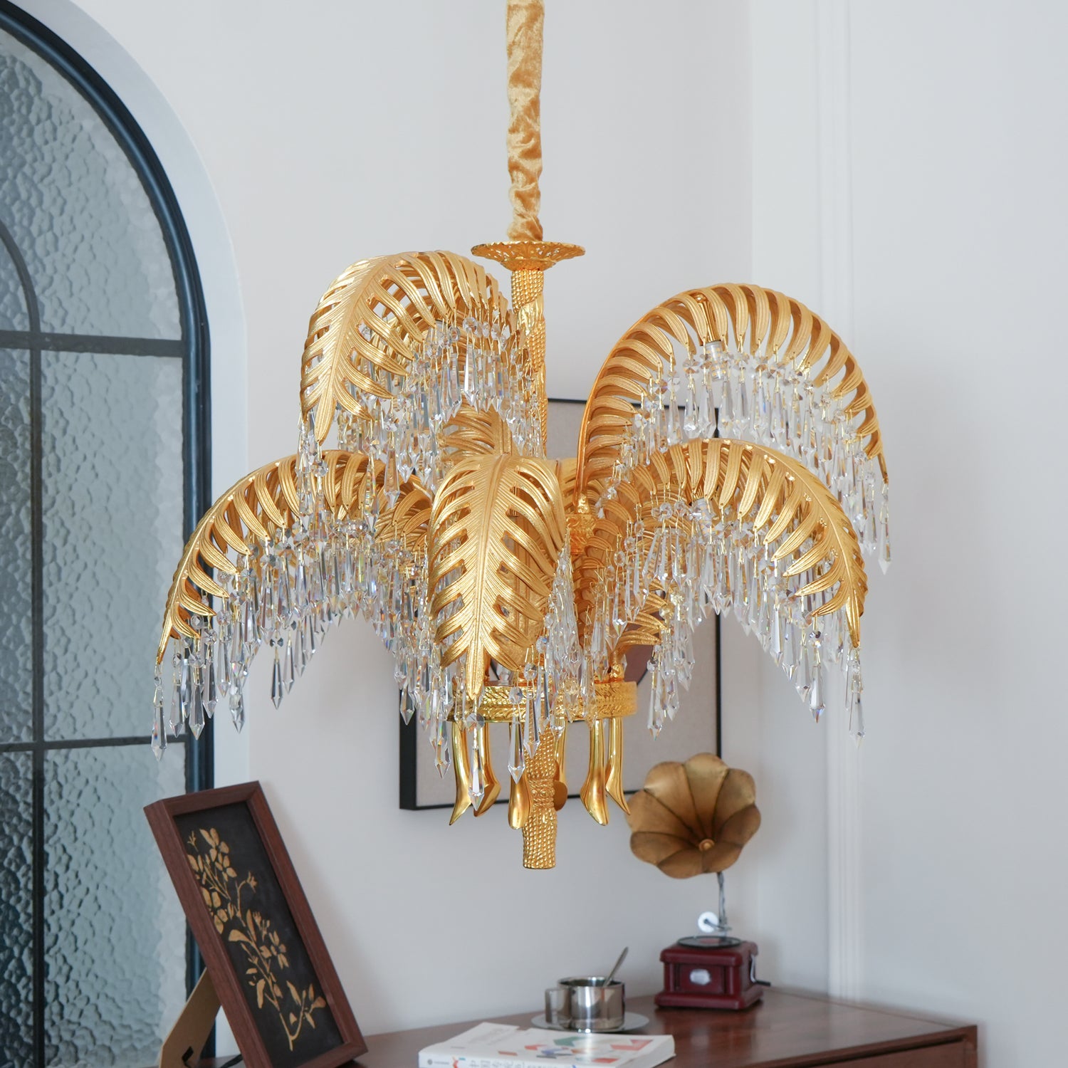 Brass Palm Leaf Crystal Chandelier