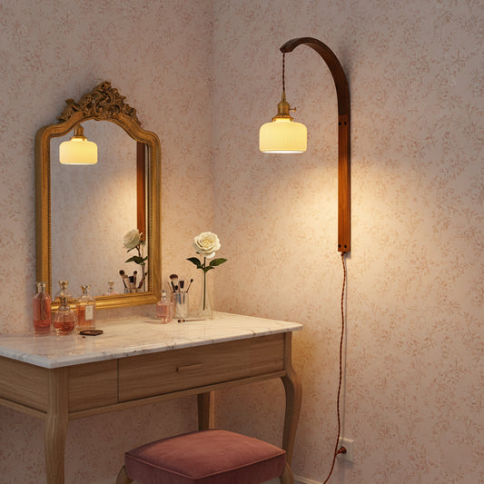 Curved Walnut Ceramic Plug-in Wall Light