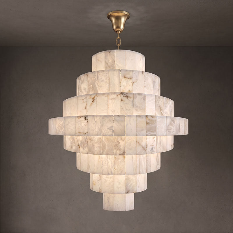 Multi-Tiered Pyramid-Shaped Alabaster Chandelier