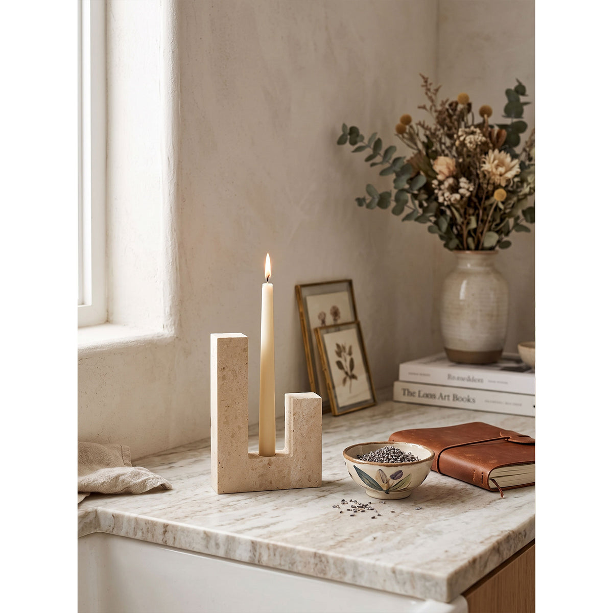 Asymmetrical Steps Travertine Candle Holder