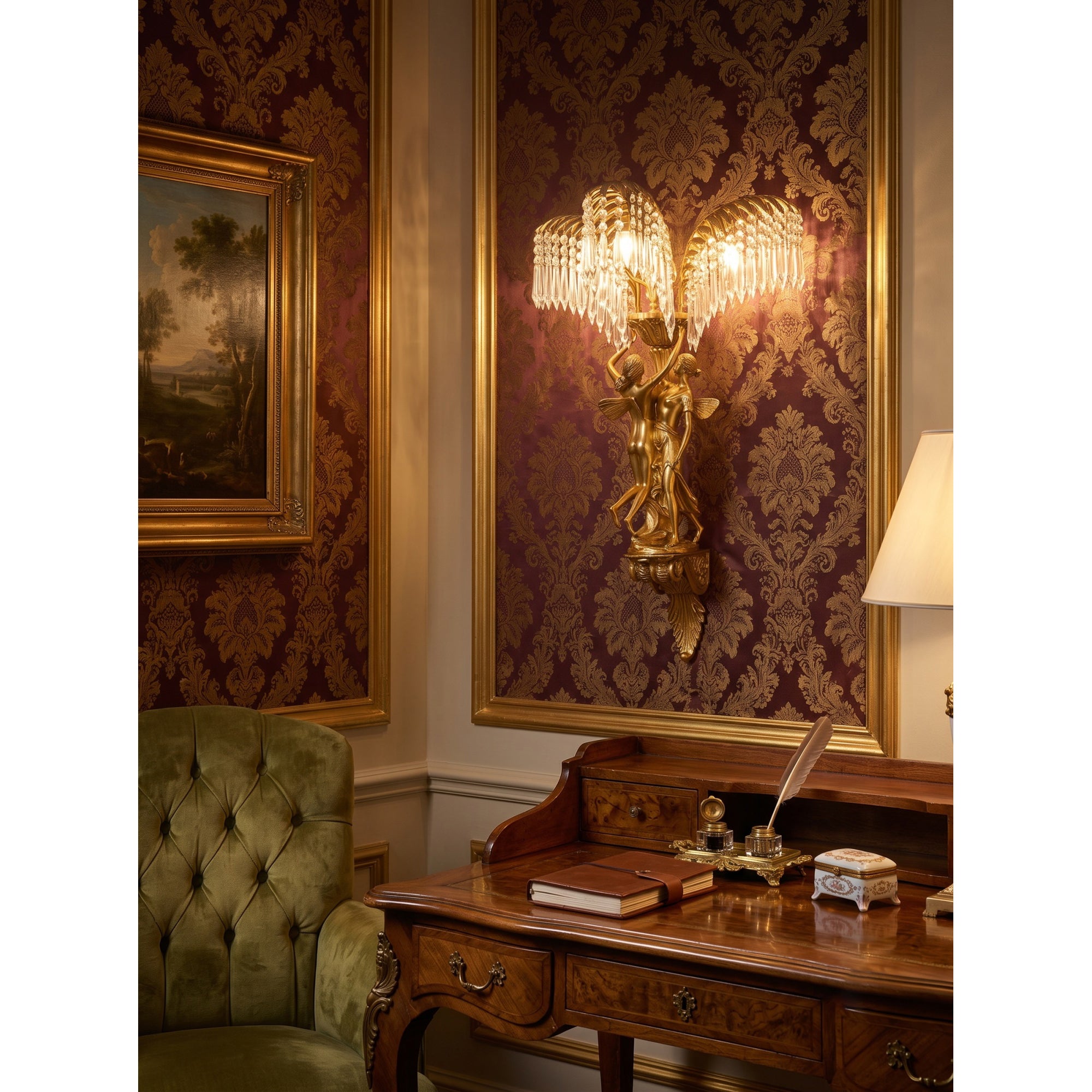 Brass Palm Leaf Crystal Wall Sconce