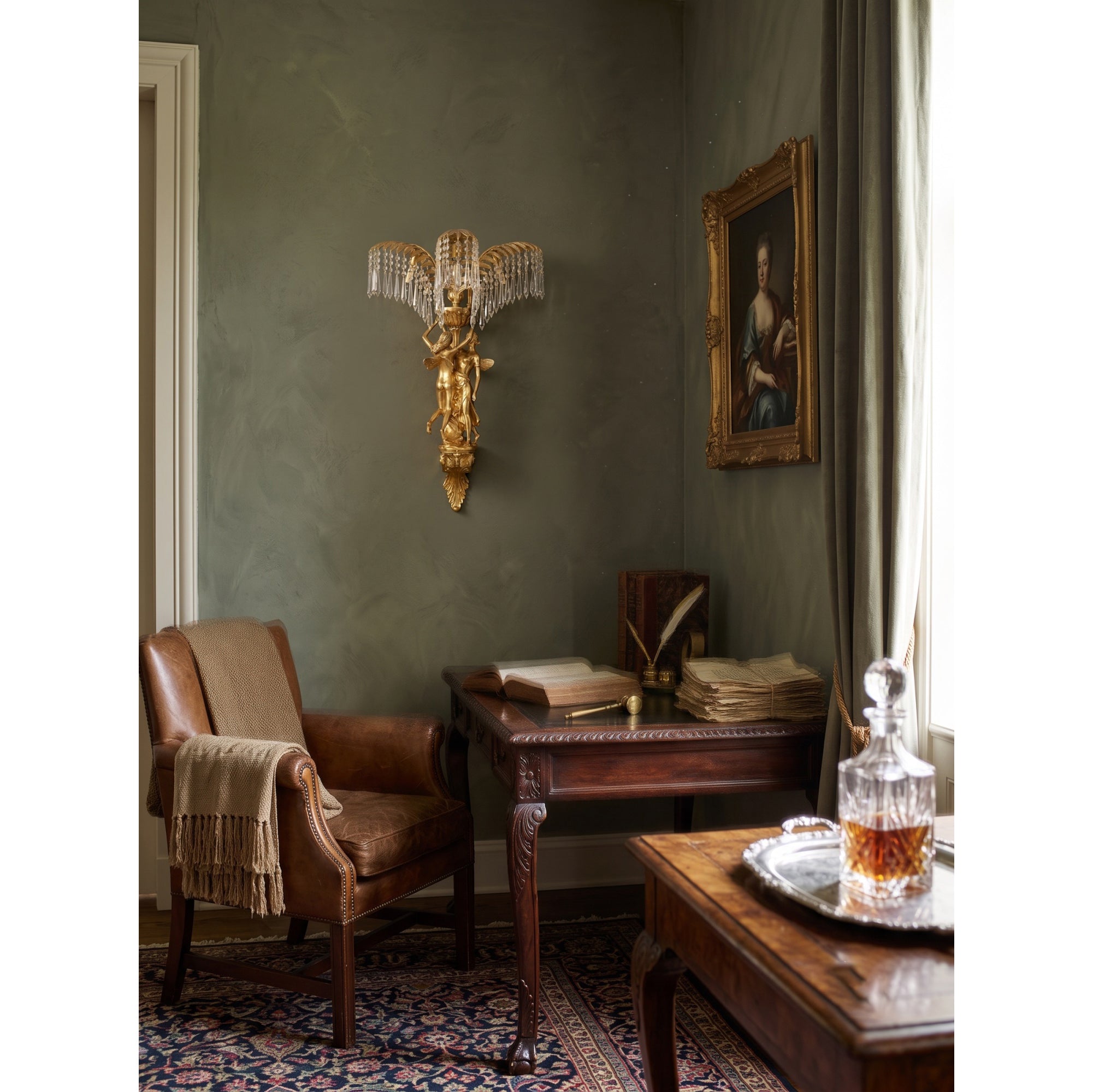Brass Palm Leaf Crystal Wall Sconce