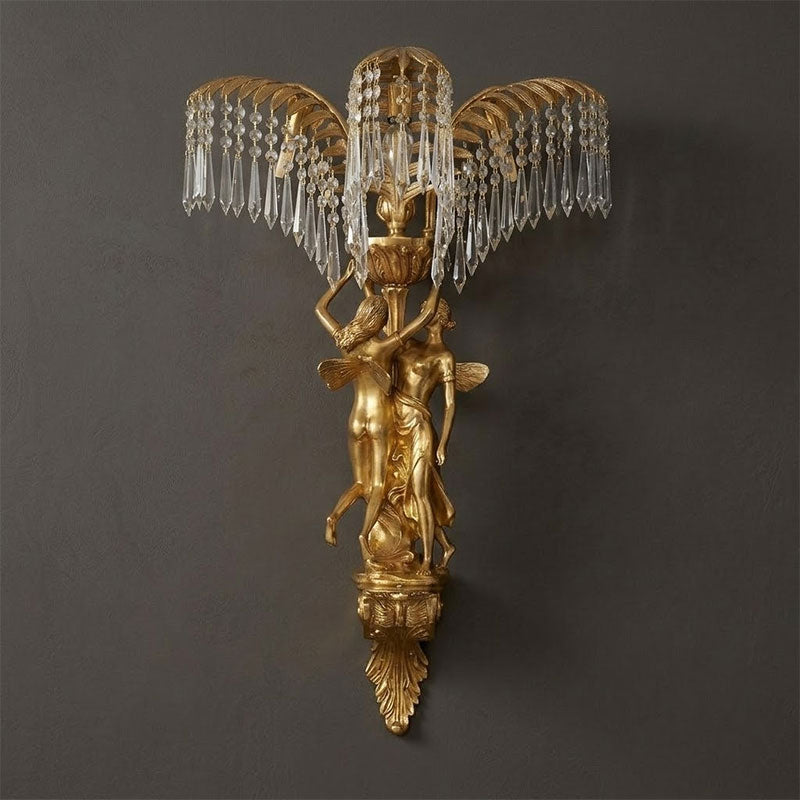 Brass Palm Leaf Crystal Wall Sconce