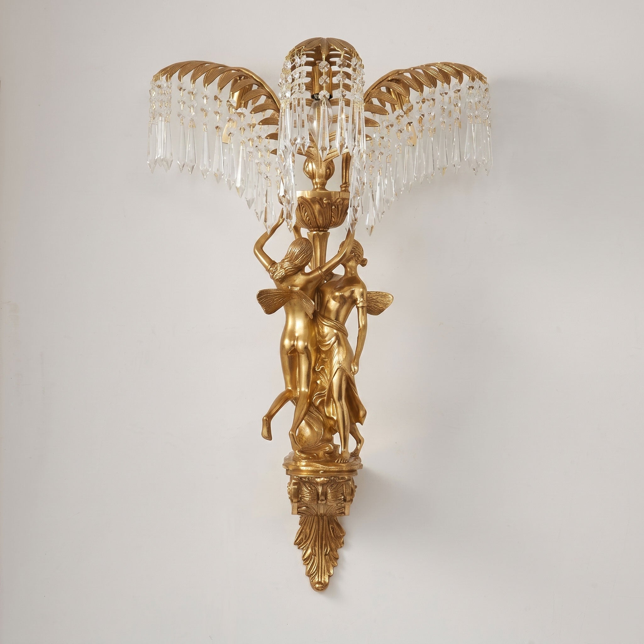 Brass Palm Leaf Crystal Wall Sconce