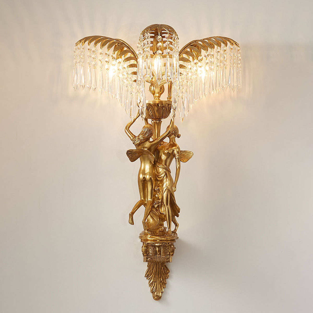 Brass Palm Leaf Crystal Wall Sconce
