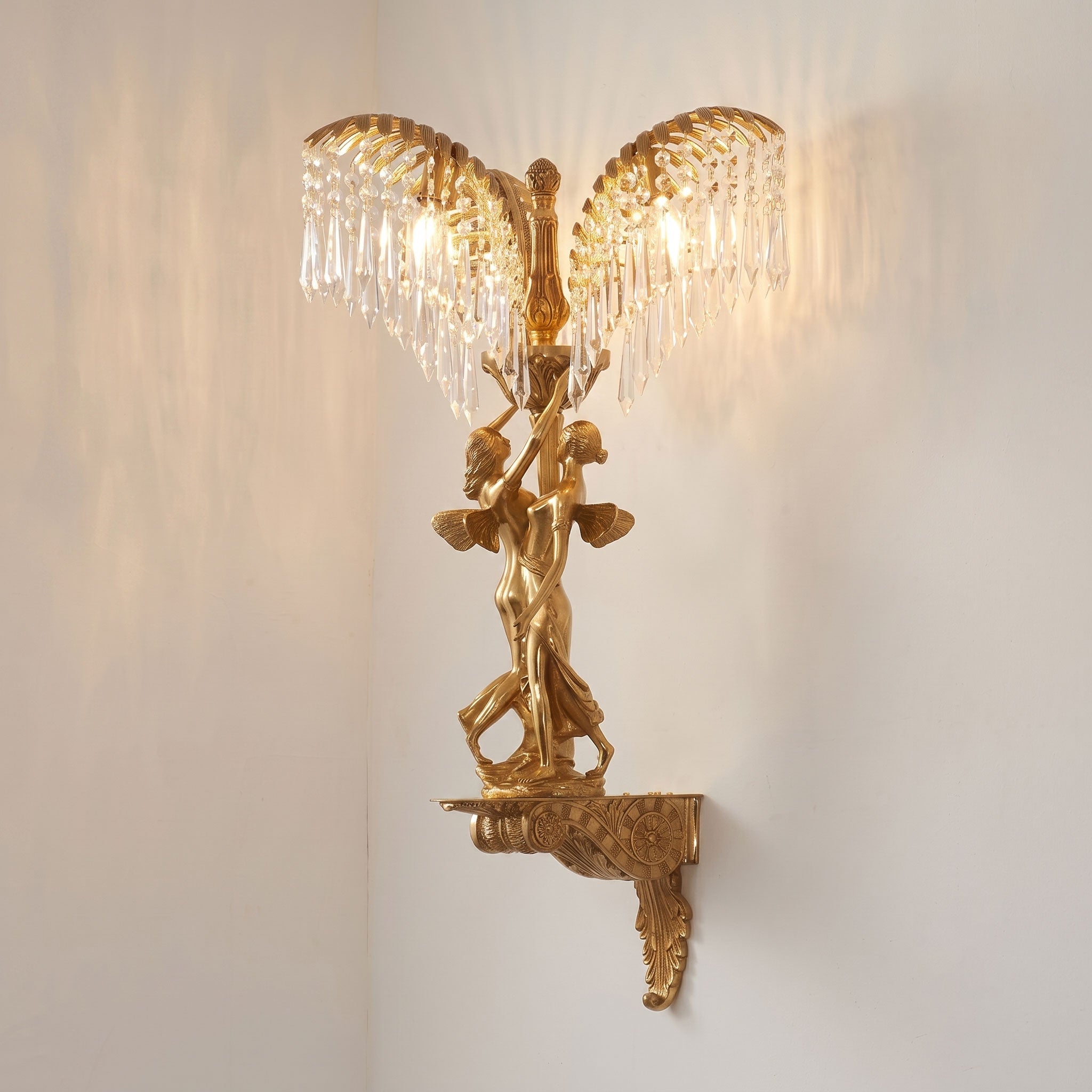 Brass Palm Leaf Crystal Wall Sconce