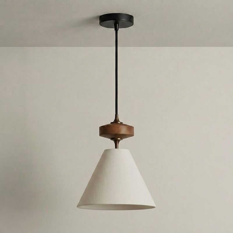 Hour Rho Pendant Lamp — single walnut arm, antique brass stem, linen cone shade