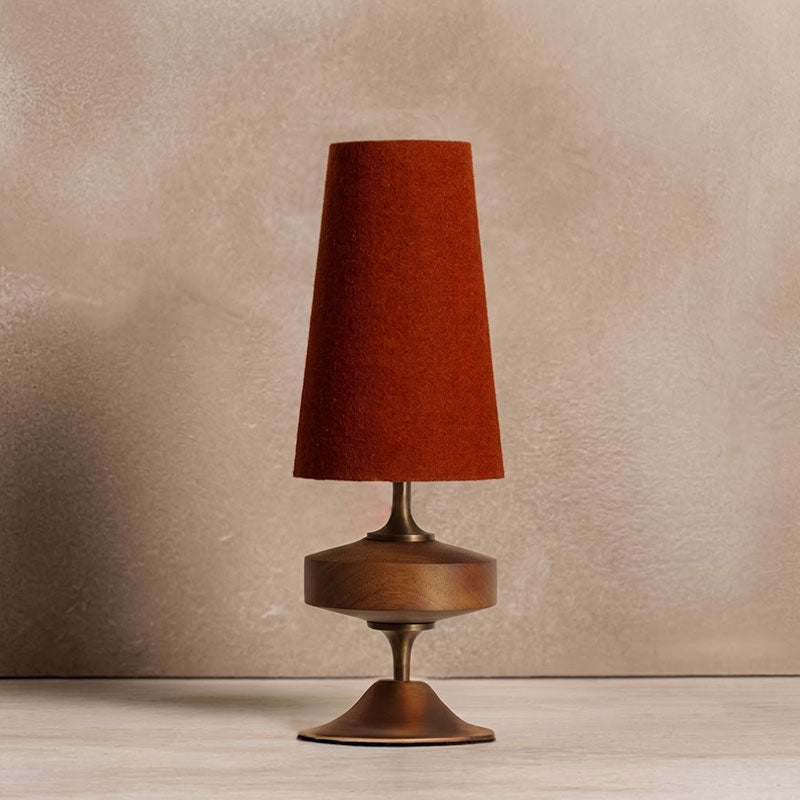 Hour Rho Table Lamp — turned walnut base, antique brass stem, linen cone shade