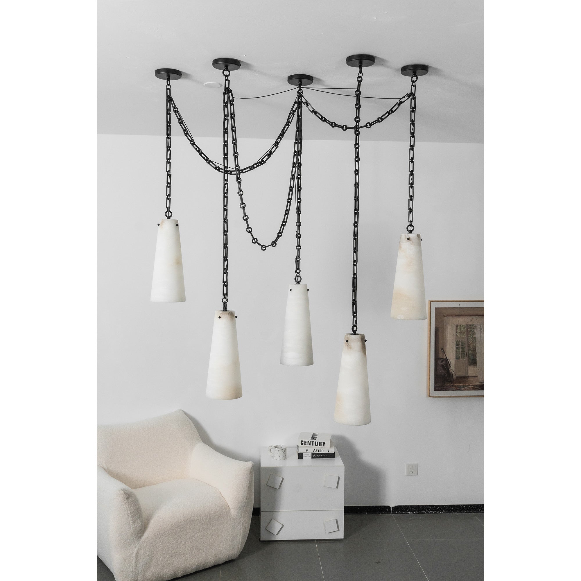 Industrial Cascade Chain Alabaster Chandelier
