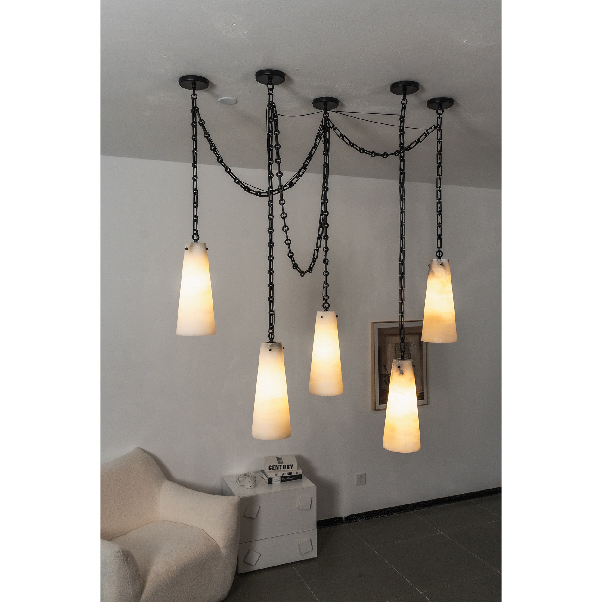 Industrial Cascade Chain Alabaster Chandelier