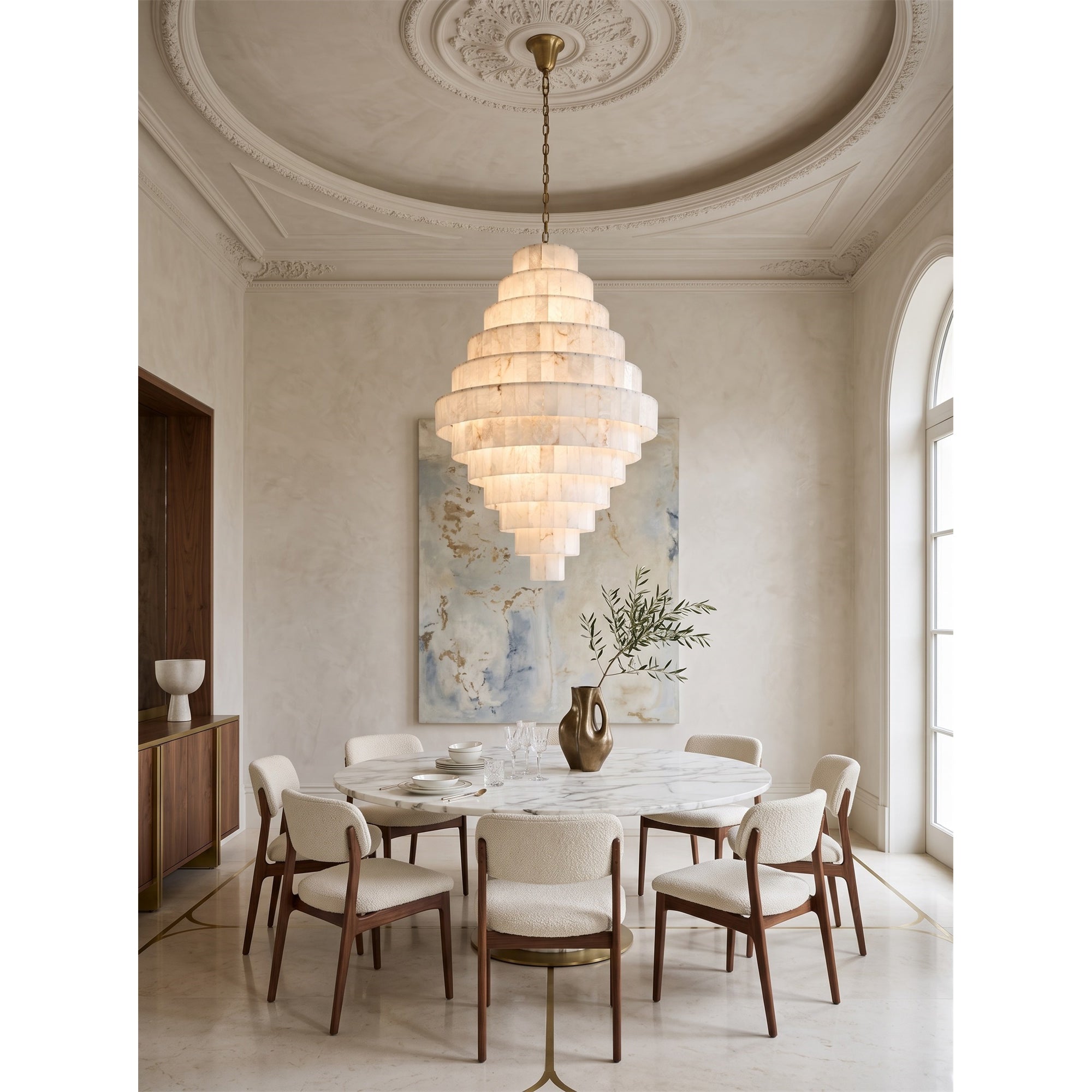Multi-Tiered Pyramid-Shaped Alabaster Chandelier