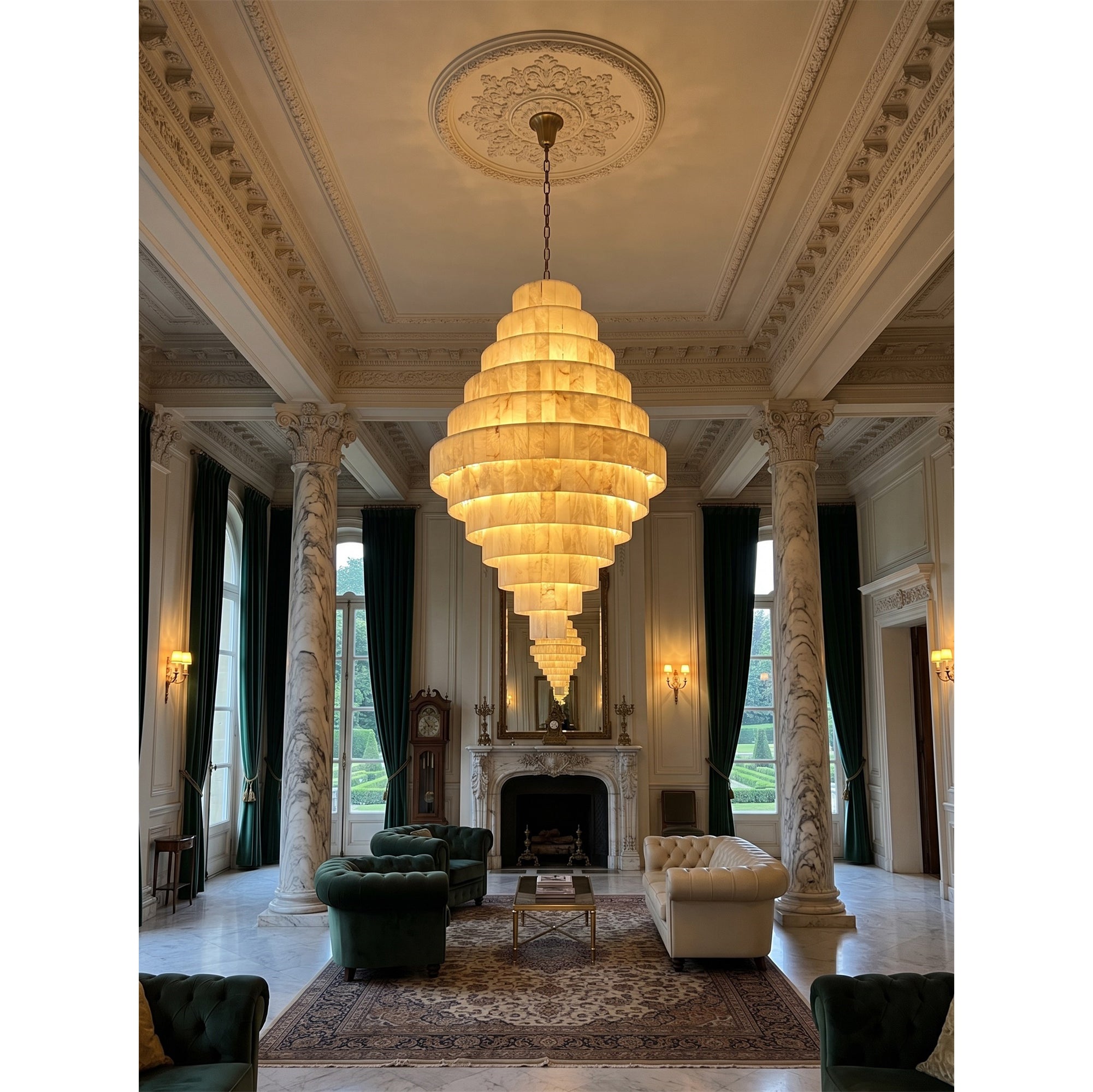 Multi-Tiered Pyramid-Shaped Alabaster Chandelier