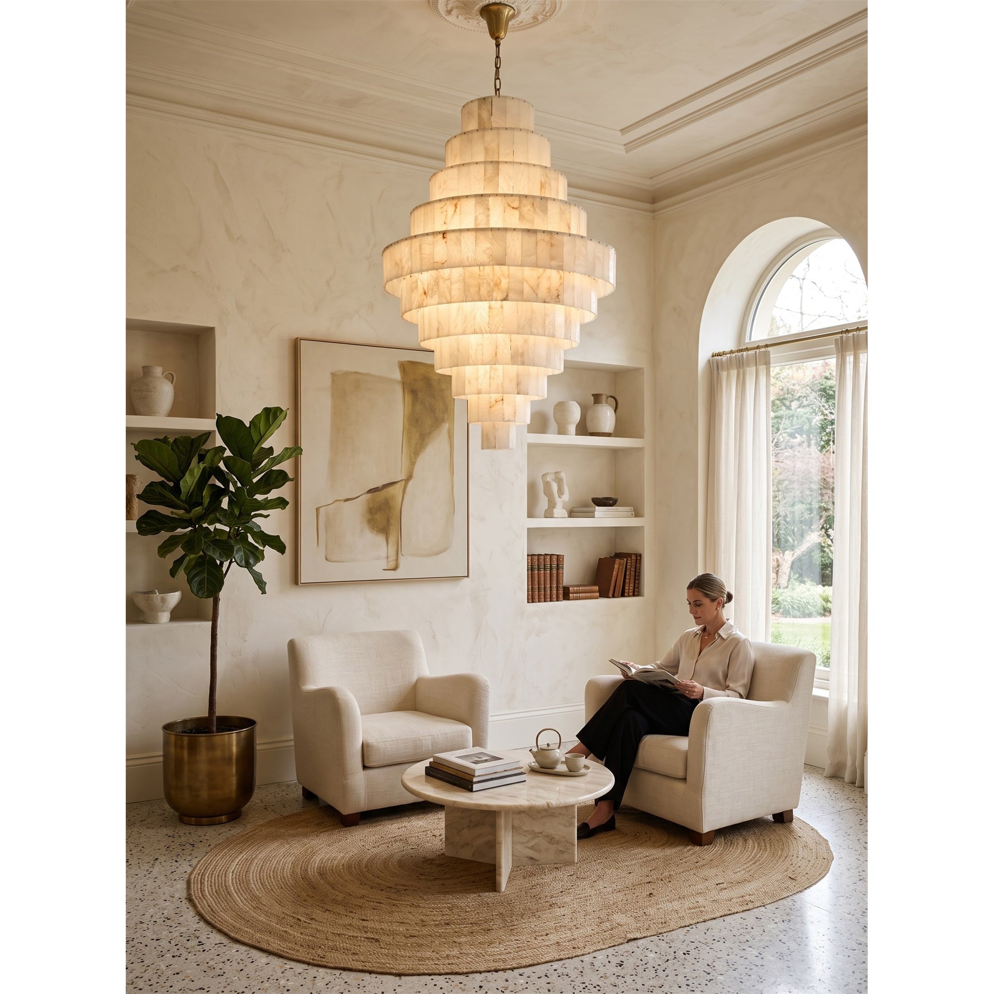 Multi-Tiered Pyramid-Shaped Alabaster Chandelier