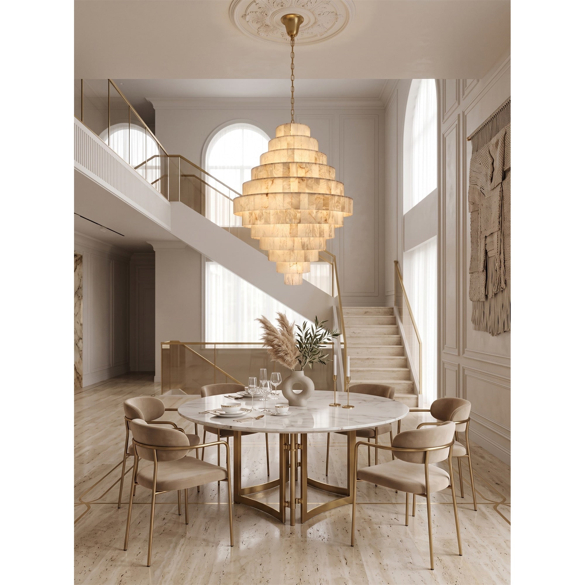 Multi-Tiered Pyramid-Shaped Alabaster Chandelier