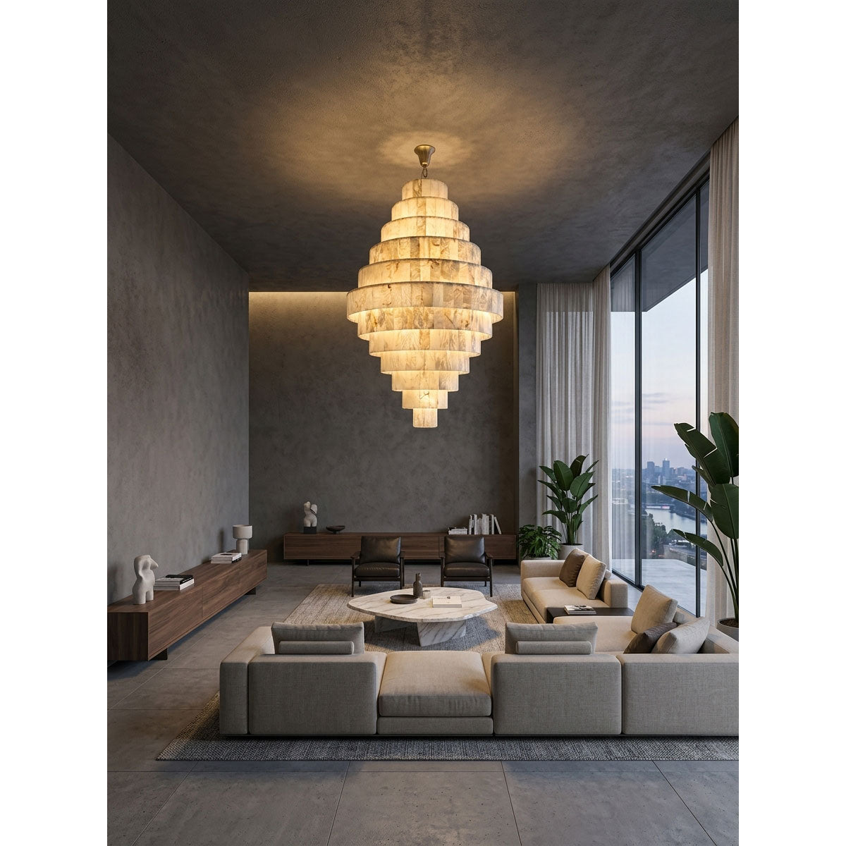 Multi-Tiered Pyramid-Shaped Alabaster Chandelier
