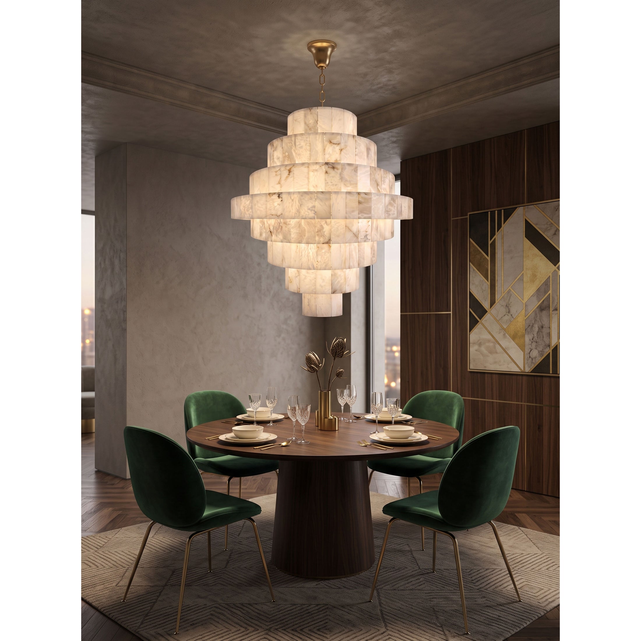 Multi-Tiered Pyramid-Shaped Alabaster Chandelier