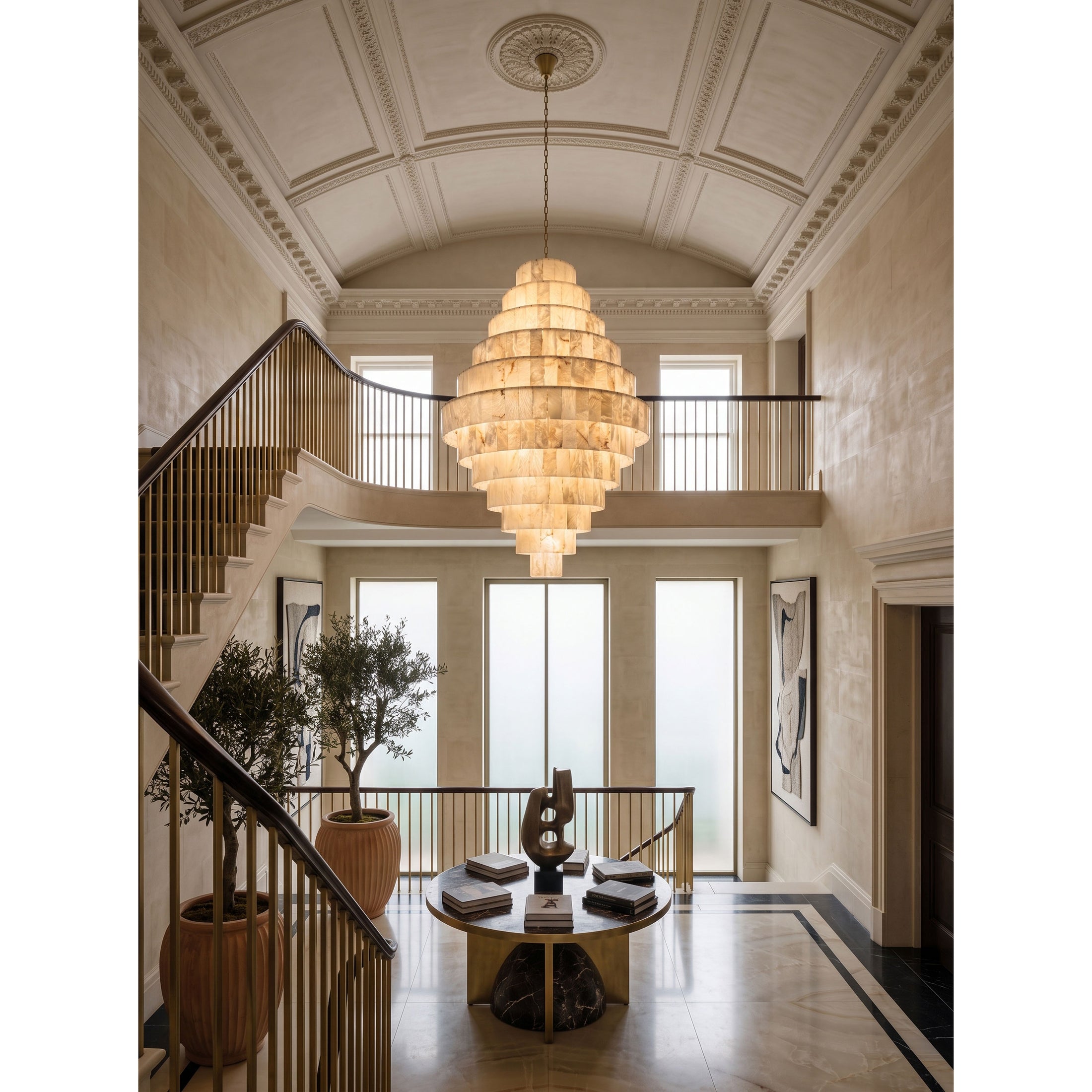Multi-Tiered Pyramid-Shaped Alabaster Chandelier