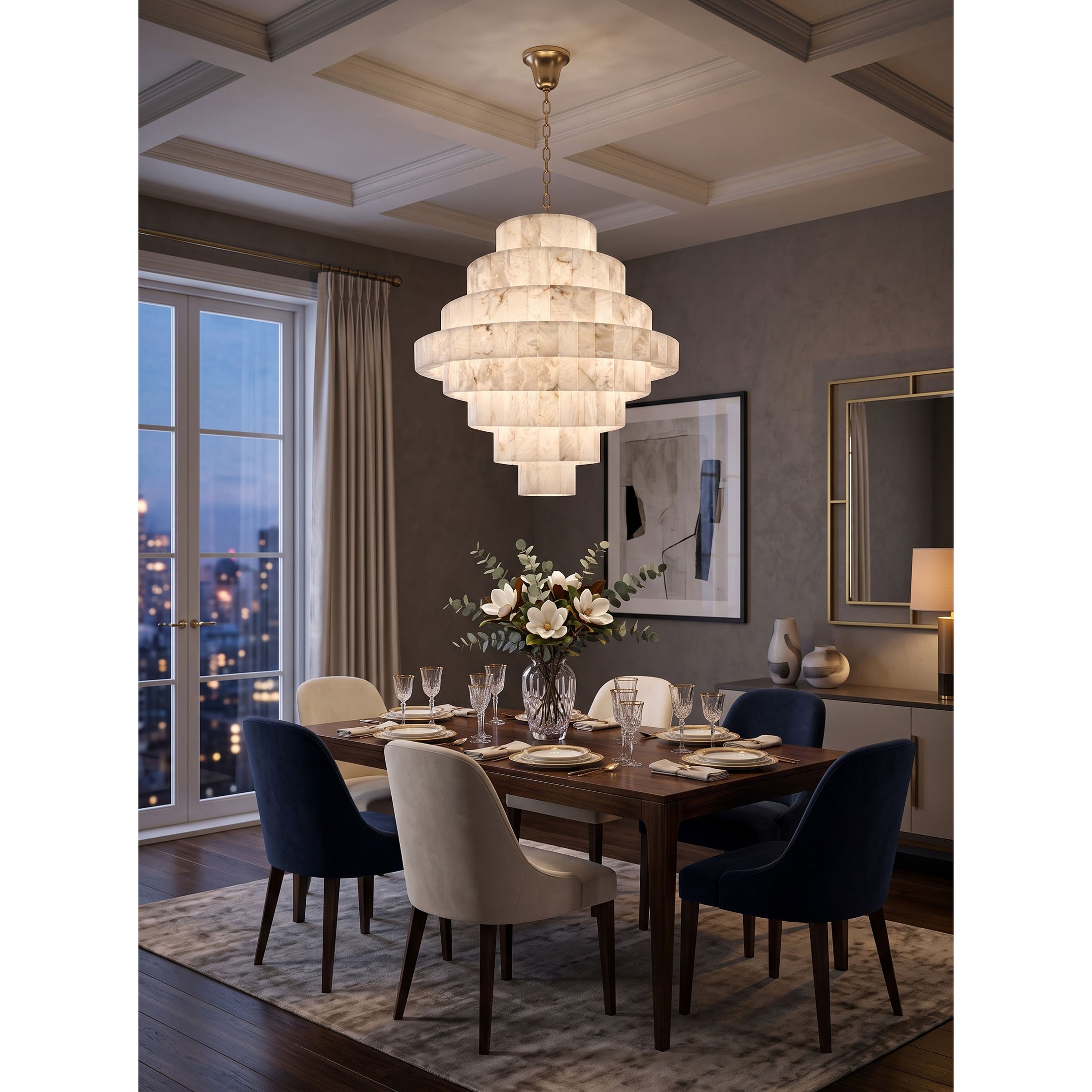 Multi-Tiered Pyramid-Shaped Alabaster Chandelier