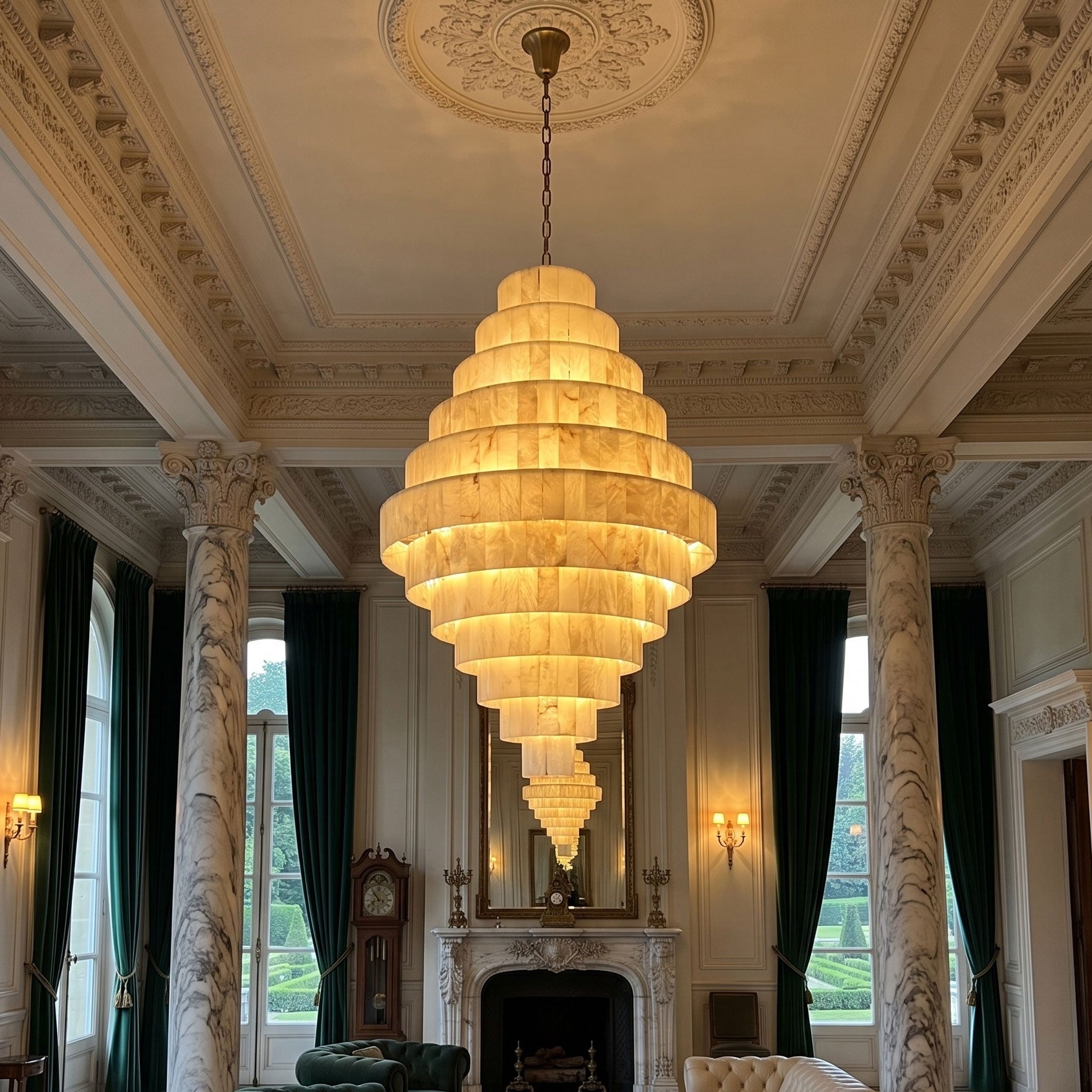 Multi-Tiered Pyramid-Shaped Alabaster Chandelier