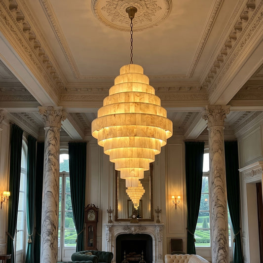 Multi-Tiered Pyramid-Shaped Alabaster Chandelier
