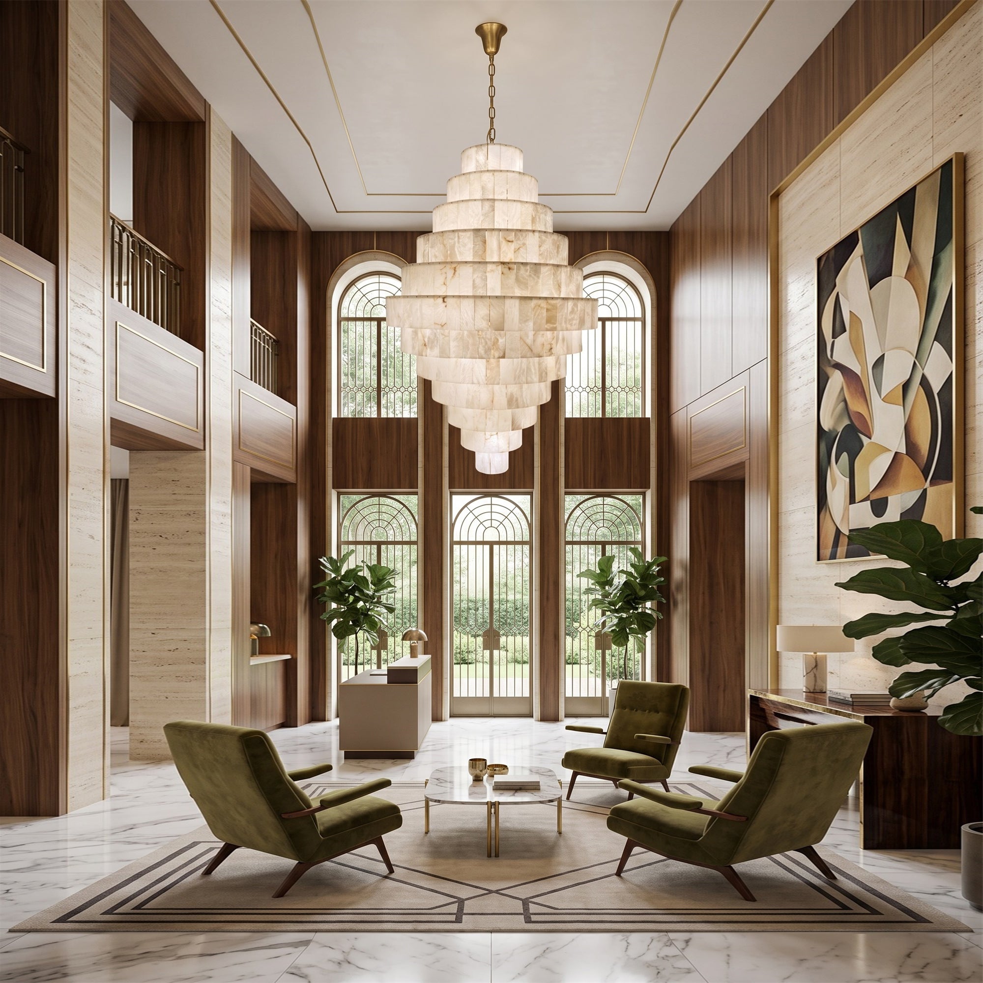 Multi-Tiered Pyramid-Shaped Alabaster Chandelier