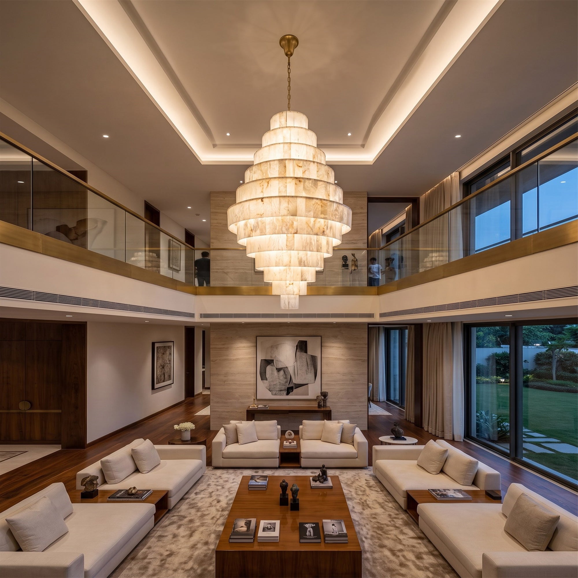 Multi-Tiered Pyramid-Shaped Alabaster Chandelier