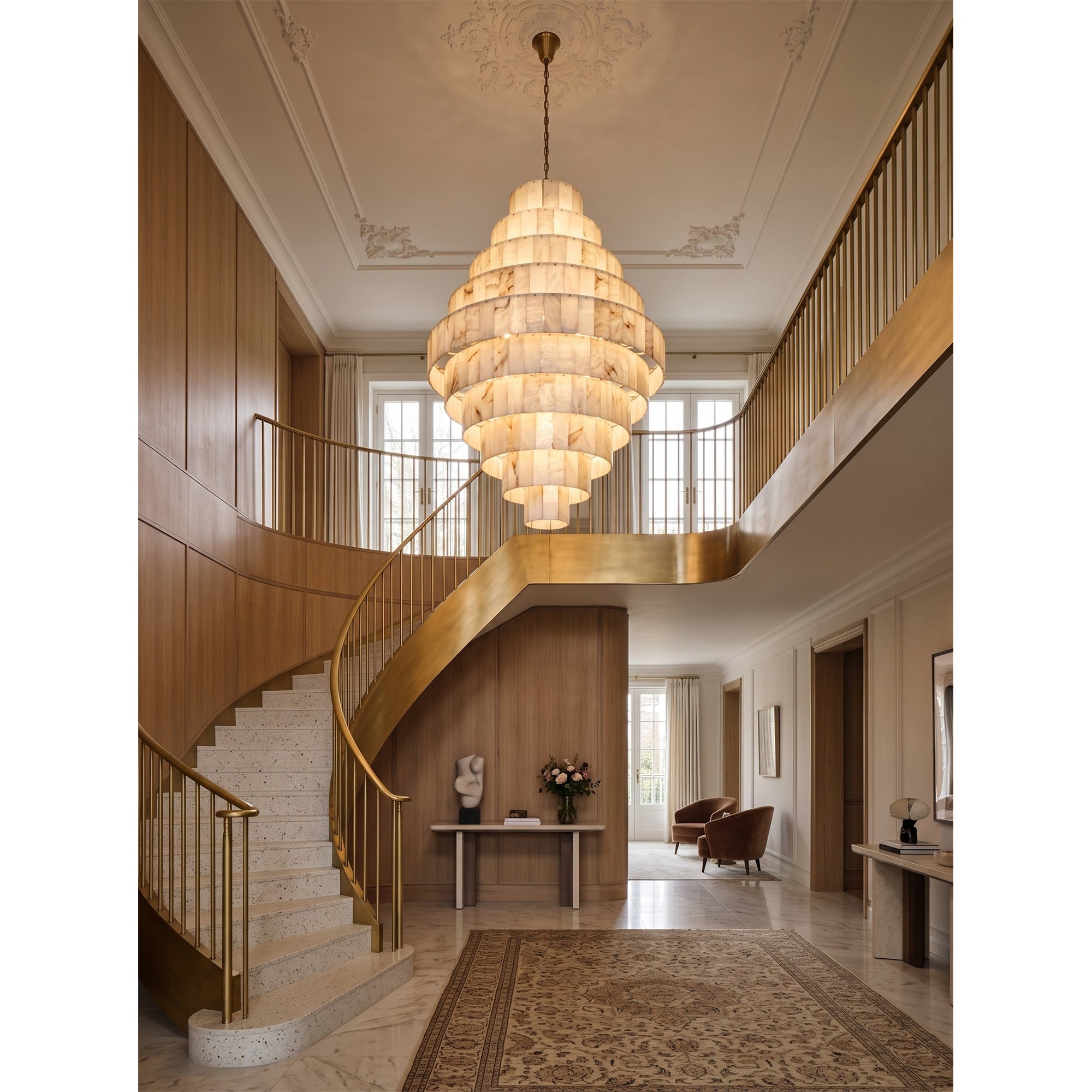 Multi-Tiered Pyramid-Shaped Alabaster Chandelier