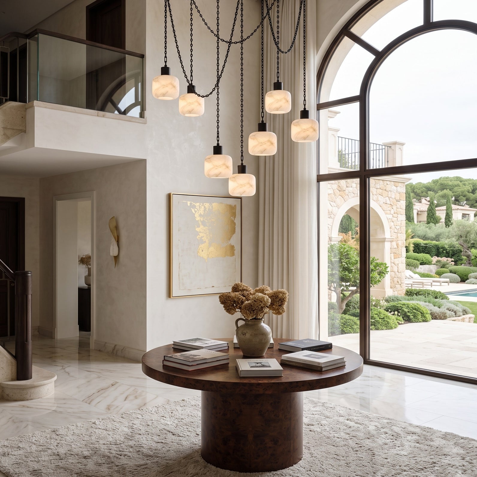 Natural Column Alabaster Chain Chandelier