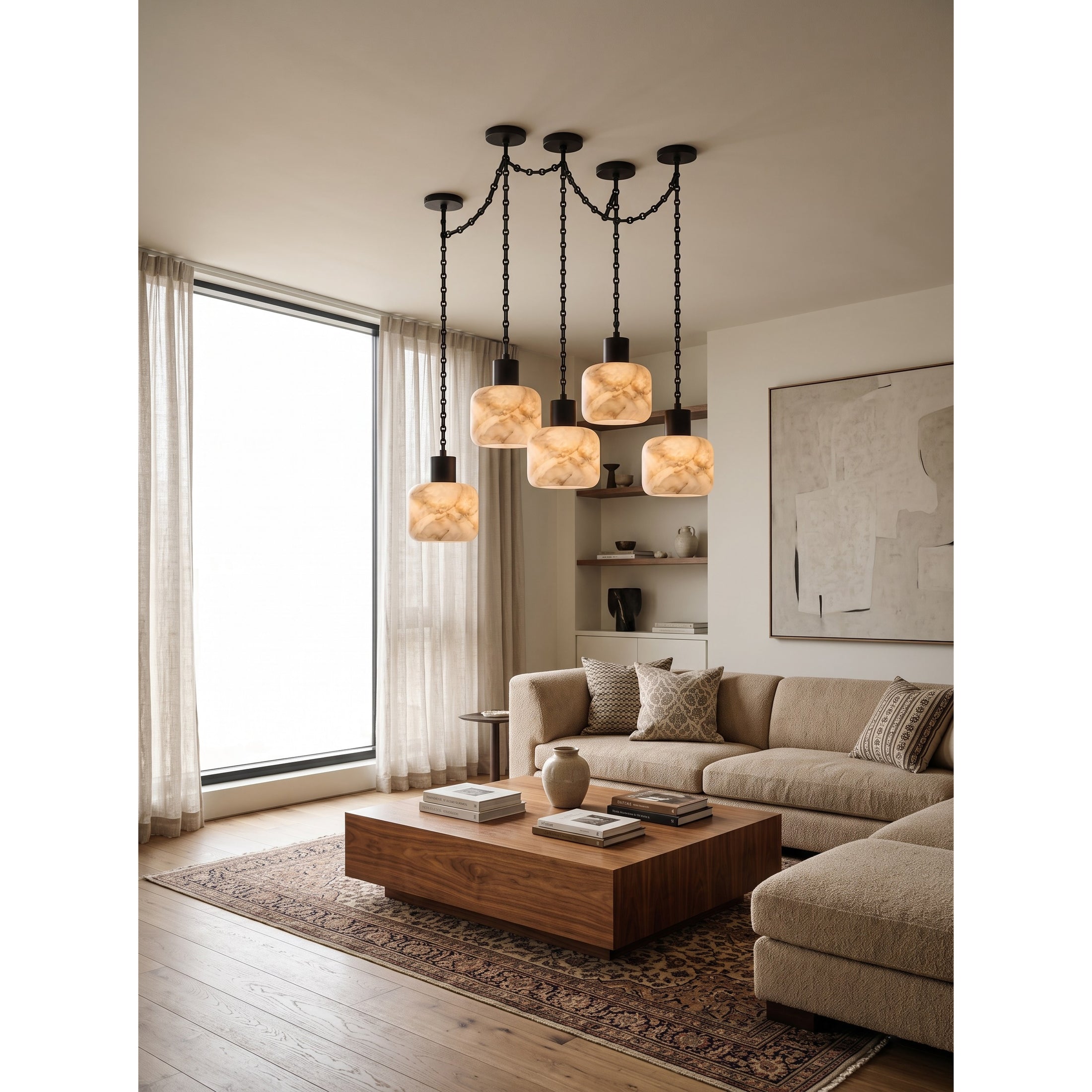 Natural Column Alabaster Chain Chandelier