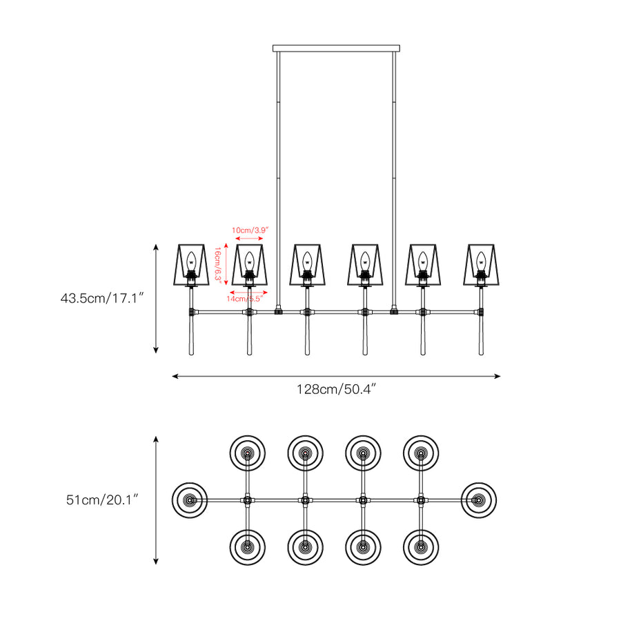 Rhodes Double Linear Chandelier – detail 3 — Dimension drawings 1
